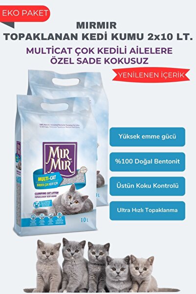 MIRMIR Multicat Kokusuz Topaklanan Kedi Kumu 2 x 10 Lt, Yüksek Emici, Tozsuz,...