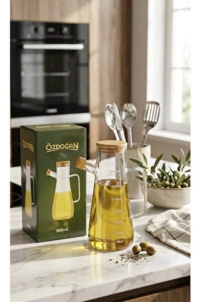 ÖZDOĞAN Borosilikat Cam Yağdanlık 900 ml - Damlatmaz Bambu Kapaklı Akıllı Sız...