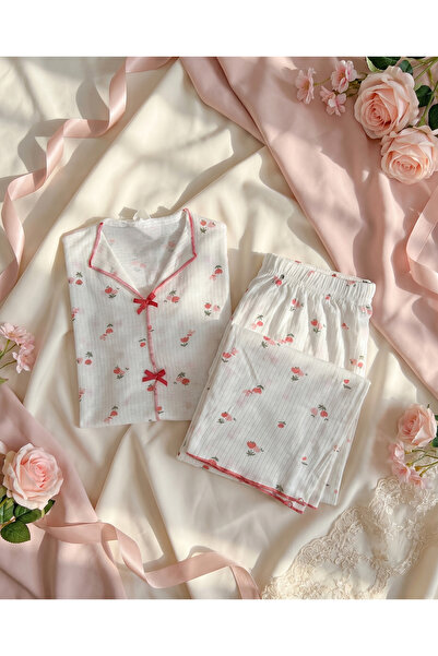 NOCHES PYJAMAS طقم بيجامة نسائي أبيض 100% قطن بأكمام قصيرة وتفاصيل فيونكة