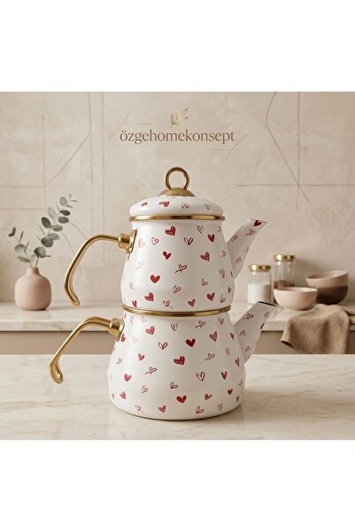 ALEV EMAYE Emaye Çaydanlık Takımı 2,5 L Alt Suluk 1,25 L Üst Demlik Kalpli De...