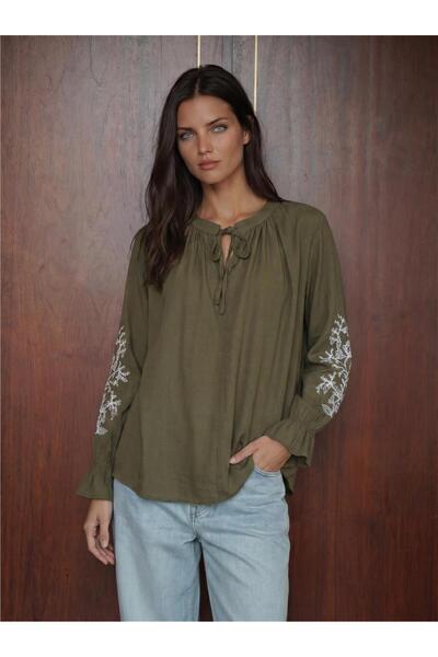 WeShaya Khaki Polyester Knitted Long Sleeve Blouse with Embroidery Detail and...