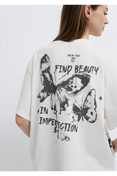 Mavi Ecru-T-Shirt mit Schmetterlingsdruck, Boxy Fit 1613872-80194