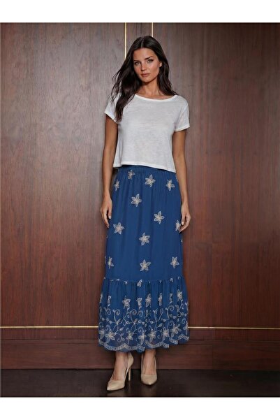 WeShaya Navy Blue Polyester Fabric Elastic Waist Patterned Chiffon Long Lengt...