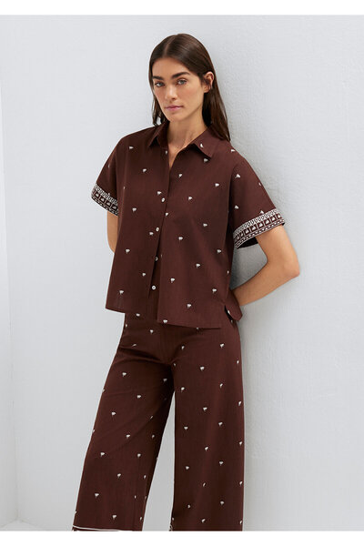 Mavi Etnik Baskılı Kahverengi Gömlek Loose Fit / Bol Rahat Kesim 1211439-91493