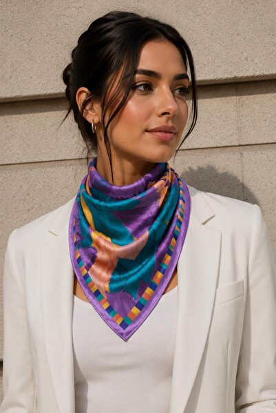 AFVENTE Eșarfă moale tip bandană cu model frunze amestecate violet-ulei 50x50 cm