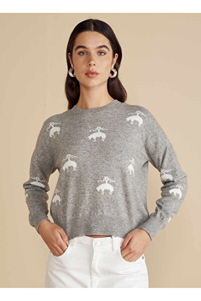 BROOKS BROTHERS Gri Kadın Bisiklet Yaka Standart Fit Hayvan Desenli Kazak