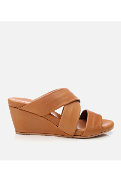 Hotiç Women's Leather Tan Wedge Heeled Slippers