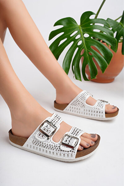 McDark Women's White Luxury Stone Cantar Slippers