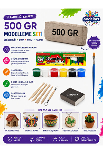 andelart Seramik Hamuru Başlangıç Seti, Guaj Boya, Ebeşuar Seti, Fırça, 500 g...