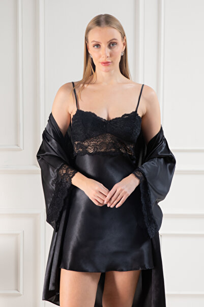 Lunoche Nightwear Γυναικείο Σετ Νυχτικό και Ρόμπα Πολυτελείας από Σατέν με Δα...