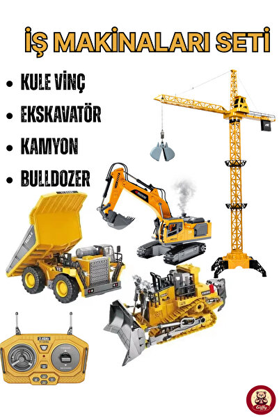 giffy Oyuncak Uzaktan Kumandalı İnşaat Makineleri 4'lü Set Kule Vinç,Ekskavat...