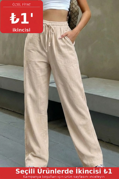 COMBİNE MİCHAİL Ženske bež lanene pantalone sa elastičnim strukom