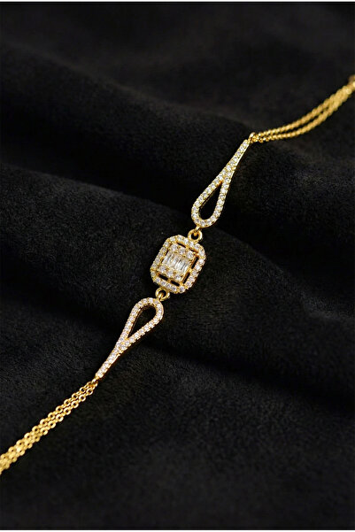 Roza Silver 925 Ayar Zirkon Taşlı Gold 3 Sıra Baget Gümüş Bileklik