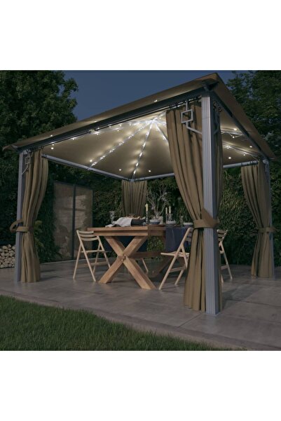 Concept Pavilion cu perdele&șiruri lumini LED gri taupe 3x3 m aluminiu