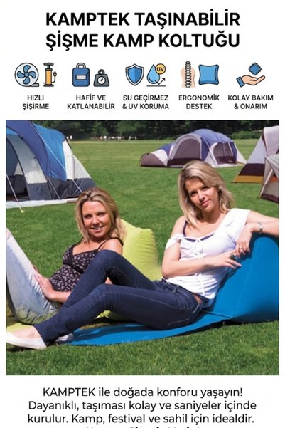 kamptek kamp teknolojisi Kamptek Outdoor Inflatable Beach Camping Mat with Back Support - Portable Foldable Comfortable Sea Mattress