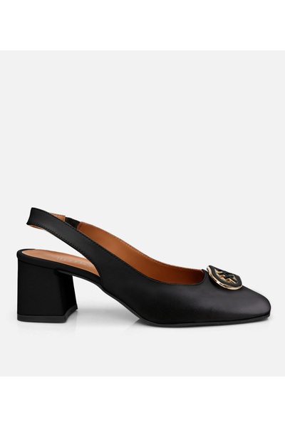 Hotiç Women's Leather Black Buckle Open Back Heeled Shoes
