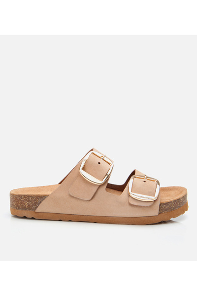 Hotiç Women's Nubuck Leather Beige Belted Flat Slippers