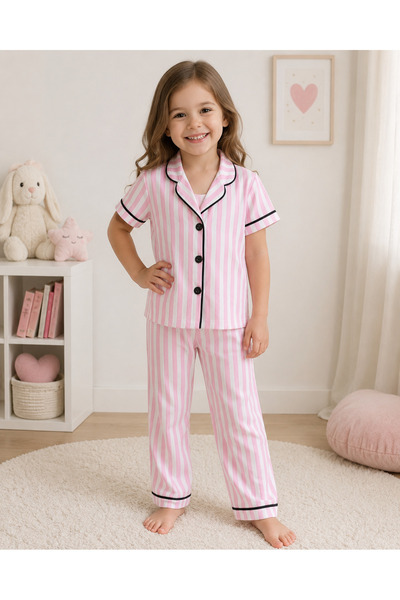 MixMax Bebe Kız Çocuk Pembe Çizgili Düğmeli Kısa Kollu Alt Üst Pijama Takımı ...