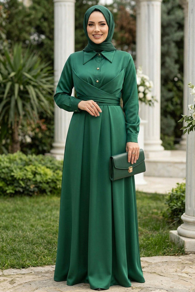 Neva Style Düğme Detaylı Yeşil Tesettür Saten Elbise 45661Y
