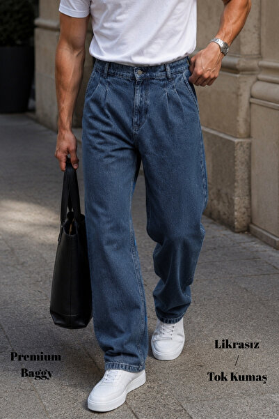 CEDY DENIM بنطلون جينز واسع الساق عالي الجودة ومطوي بتصميم أنيق C354-أزرق