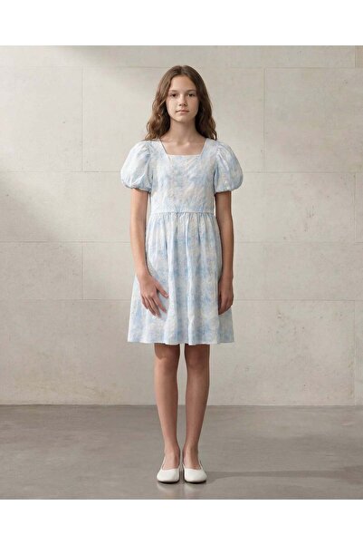 REDTAG Senior Girls White And Blue Embroidery Puff sleeve Dress