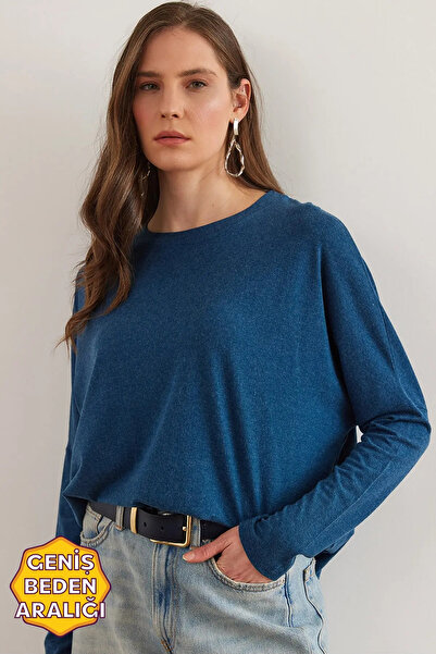 Olalook Bluză de damă Indigo, cu gât turnat, din lână și viscoză, BLZ-19002801