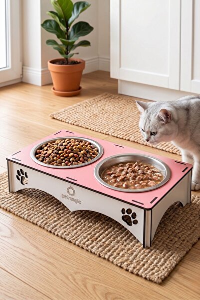 2'li Mama Kabı, Ahşap Çelik Kaseli Kedi Mama Kabı, Ahşap Standlı, Metal Kaseli