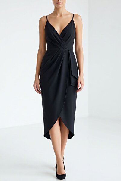 Maya Butik Black Thin Straps Sweetheart Neckline Satin Dress