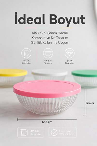 Vienev 4'lü Renkli Kapaklı Cam Kase Seti 415 cc - Kahvaltılık Saklama Kabı