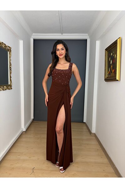 gökkuşagı moda Kahverengi Kare Yaka Üst İnci Taşlı Likralı drapeli Göbeği Kam...