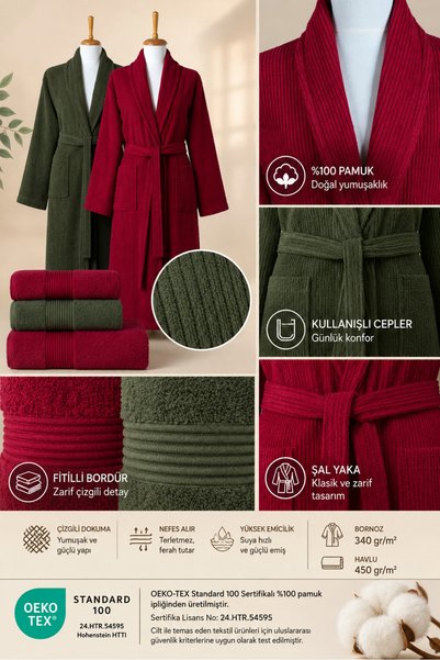 Ellaline 6 Piece Striped Bathrobe Set 100% Cotton Certified Family Towel Bathrobe Set Dowry Set Burgundy Green