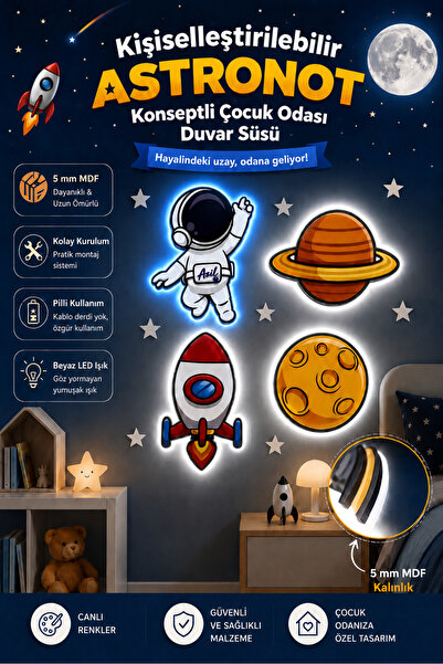 Design 4N Kişiye Özel Astronot Çocuk Odası Duvar Süsü LED Işıklı 4’lü Uzay Seti