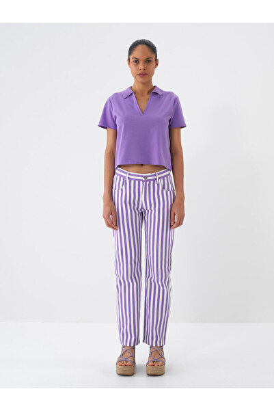 Xint Kadın Lila Oversize Pamuklu Polo Yaka Tişört