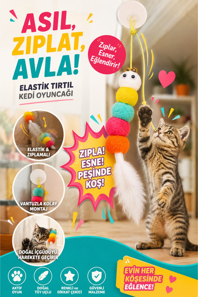 Çıngıraklı Kedi Oyuncağı Yapışkanlı Kedi Oyun Oltası Renkli Ponponlu Tırtıl Oyuncak Zıplayan Top