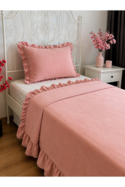Decamor home Fırfırlı Pudra Pembe Yatak Örtüsü Seti Tek Kişilik