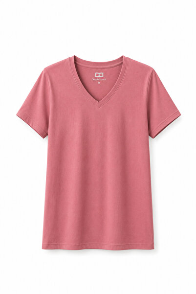 Double Dorsch Kadın V Yaka Gül Kurusu Basic T-Shirt Günlük Şık Pamuklu