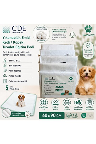 CDE Yıkanabilir Köpek Tuvalet Eğitim Pedi 60x90 cm Sıvı Geçirmez 5’li Paket