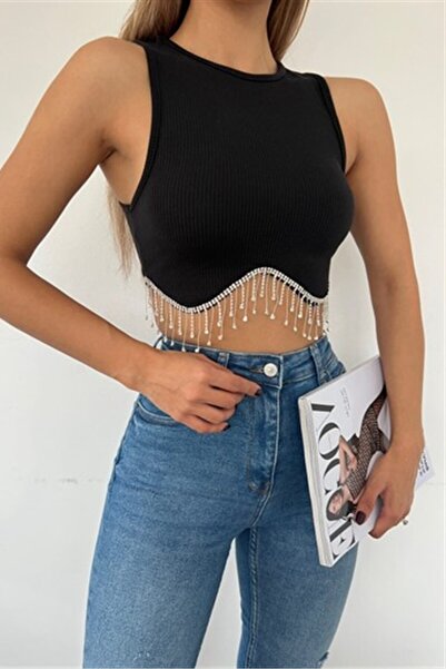 KaSheHa Romola Model Bel Kısmı Zirkon Taşlı Premium Full Esnek Kumaşlı Crop Bluz BLU201