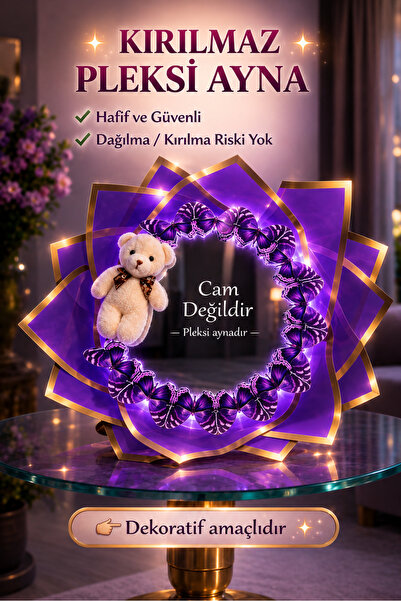 exzone Led Işıklı Ayıcıklı Aynalı Mor Kelebek Buketi Sana Senden Daha Güzel Bir Çiçek Bulamadım Ayna Buket