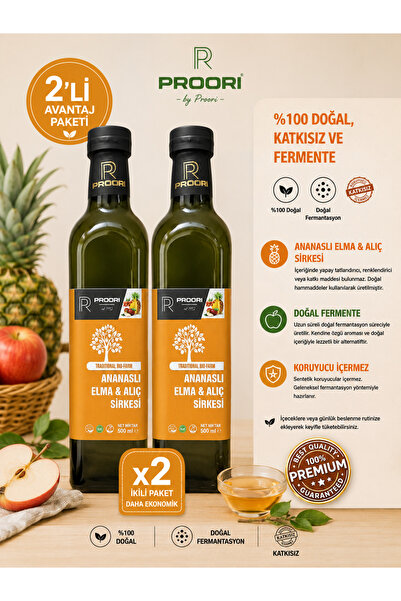 Proori Ananaslı Elma & Alıç Sirkesi Doğal Fermente Canlı Sirke 500 ml 2'li Pa...