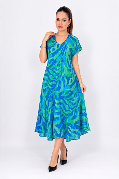 ELSEBUTİKTR Women's Plus Size Patterned V-Neck Relaxed Fit Summer Cotton Visc...
