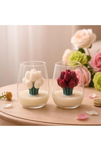 beyra decor Kırmızı & Beyaz Lale Mum İkili Set – Cam Bardakta Dekoratif Çiçek...