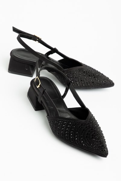 bolmar Women's Black Sequined Stoned Satin Short Heeled Evening Dress Shoes