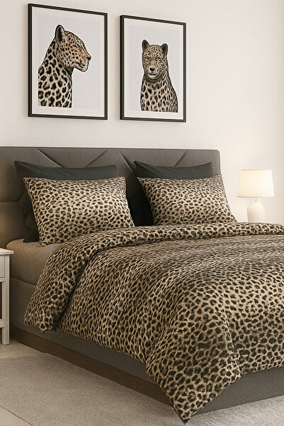 XVA Set cuvertură dublă din bumbac cu model leopard 200x220 cm (față de pernă...