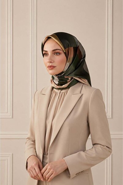 Vissona % 57 İPEK % 43 VİSKON Twill İpek Geometrik Desenli Haki - Bakır Renkl...