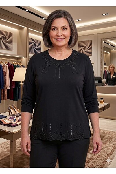 elma abone Plus Size Mother's Embroidered Stone-Decorated Combed Cotton Blouse