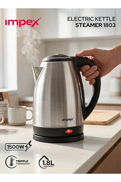 IMPEX STEAMER 1803 1.8L Electric Kettle 1500W Stainless Steel Cordless 2Y Boi...