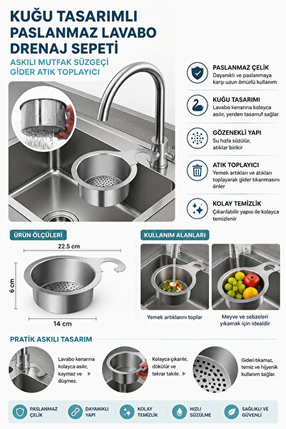 Mersi SHOP Kuğu Tasarımlı Paslanmaz Lavabo Drenaj Sepeti | Askılı Mutfak Süzg...