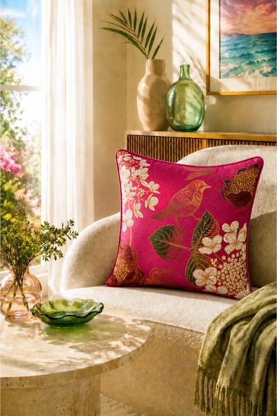 Fabricland Robin-9372 İthal İpek Kadife Fuşya Pembe Zemin Kırlent Kılıfı 43x4...