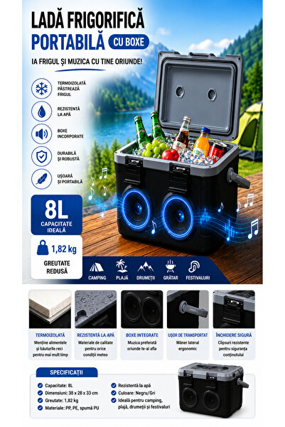 Extramall Ladă frigorifică portabilă Grassfit, cu boxe, 8L, neagră, termică ș...
